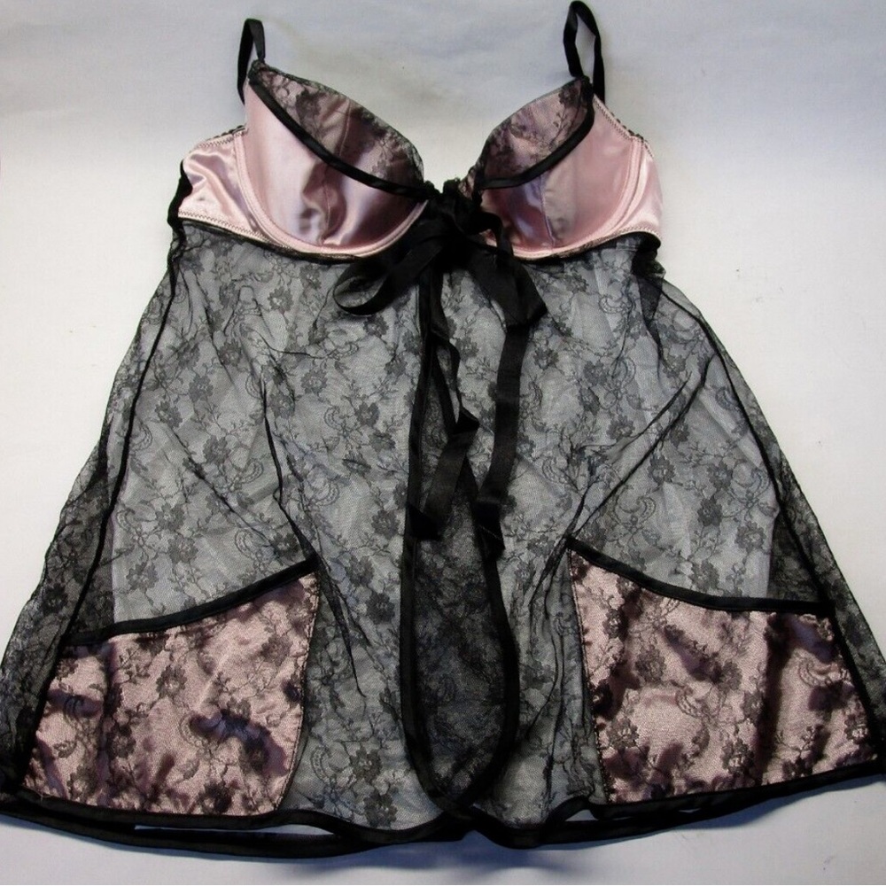 Vintage Victorias Secret Babydoll Bustier Lace Pink Slip Dress Lingerie